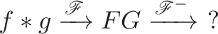 \displaystyle{f * g \xrightarrow{\mathscr{F}} FG \xrightarrow{\mathscr{F^{-1}}} \ ?}