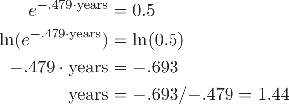 
\begin{aligned}
e^{{-.479} \cdot \text{years}} &= 0.5 \\
\ln(e^{{-.479} \cdot \text{years}}) &= \ln(0.5) \\
{-.479} \cdot \text{years} &= {-.693} \\
\text{years} &= {-.693} / {-.479} = 1.44
\end{aligned}
